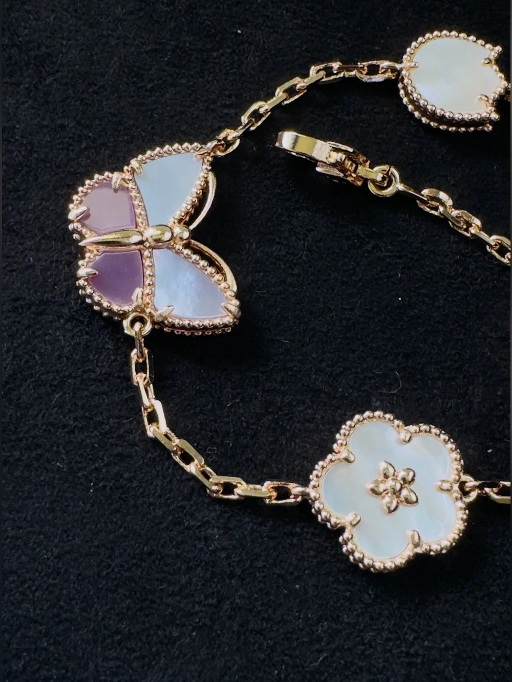 Gold Tone Mother-of-Pearl Butterfly & Flower Bracelet